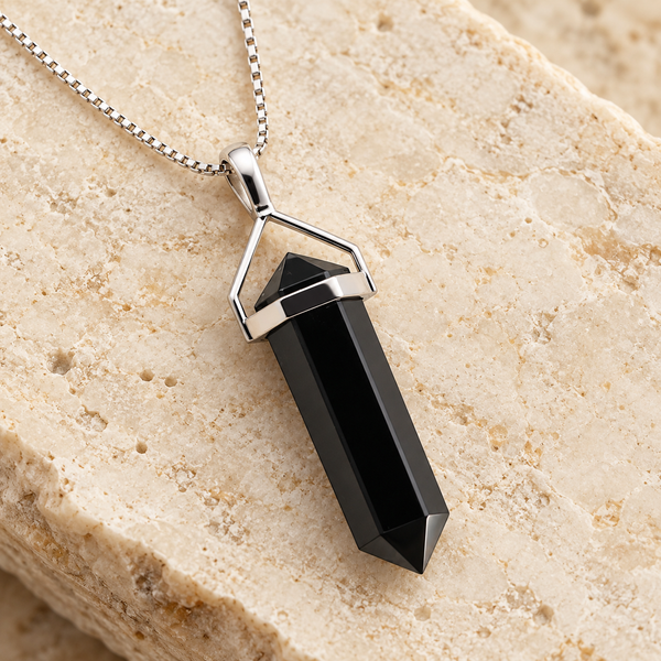 Double Point Long Black Agate Pendant on Sterling Silver Chain