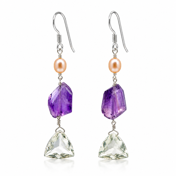 Natural Amethyst, Rock Crystal & Freshwater Pearl Drop Earrings 925 Sterling Silver Franki Baker