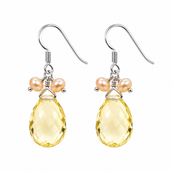 925 Sterling Silver Citrine & Freshwater Pearl Drop Earrings Handmade Gemstone Jewellery