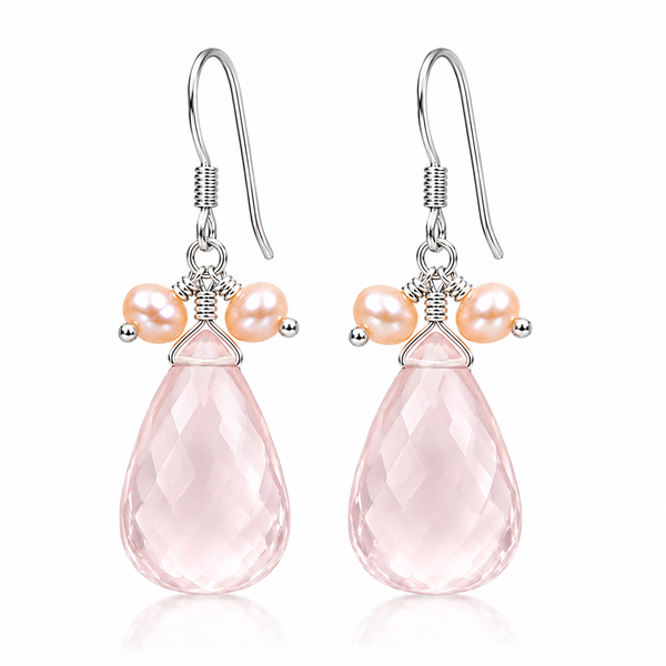 Natural Rose Quartz & Freshwater Pearl Drop Earrings in 925 Sterling Silver Handmade Gemstone Jewellery Franki Baker