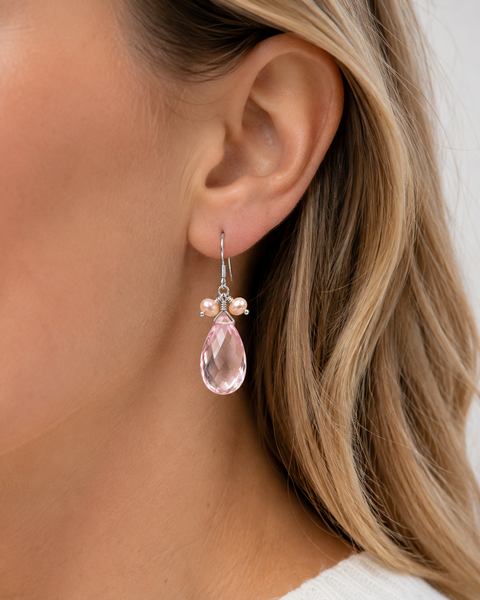 Natural Rose Quartz & Freshwater Pearl Drop Earrings in 925 Sterling Silver Handmade Gemstone Jewellery Franki Baker