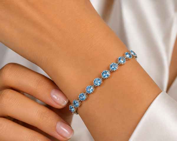 Dainty Natural Round Swiss Blue Topaz Gemstone & Sterling Silver Dainty Tennis Bracelet. Length around wrist: 15-18 cm - Franki Baker Jewellery