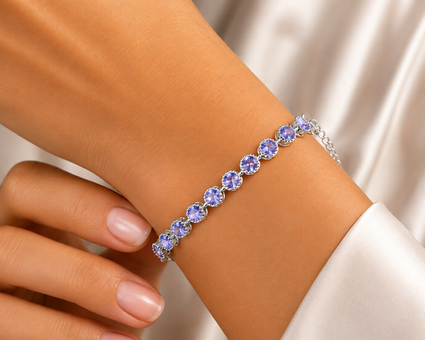 Natural Round Tanzanite Gemstone Sterling Silver Dainty Tennis Bracelet. Length: 15-18cm - Franki Baker Jewellery