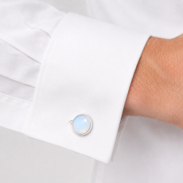 Natural Moonstone Sterling Silver Cufflinks – Rhodium-Plated Classic Round Design