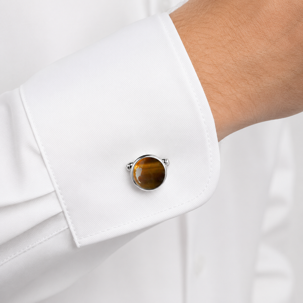 Brown Genuine Natural Tiger’s Eye Gemstone & 925 Sterling Silver Cufflinks