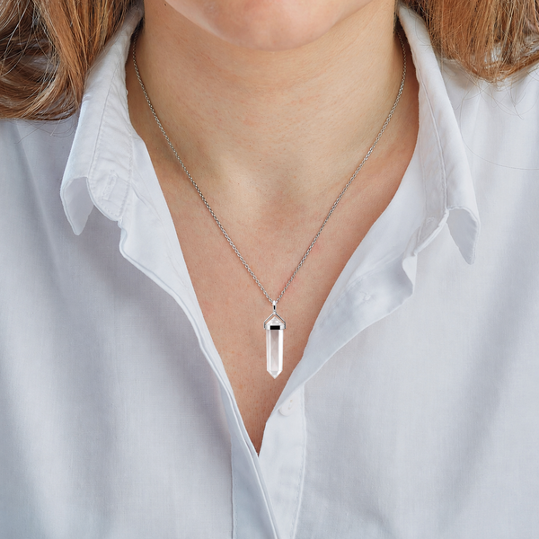 Natural Rock Crystal Gemstone Double Point Pendant Necklace on Sterling Silver