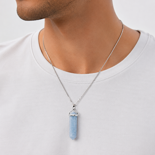 Natural Aquamarine Gemstone Double Point Pendant Necklace on 925 Sterling Silver Box Chain.