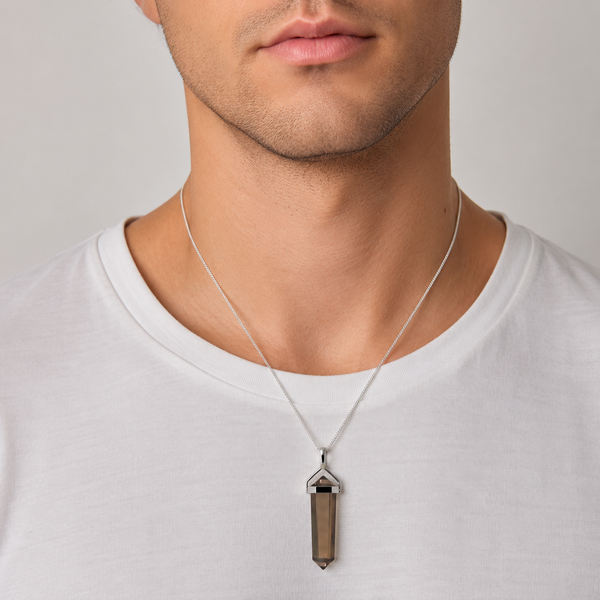 Natural Smoky Quartz Gemstone & Sterling Silver Double Point Pendant Necklace. Pendant Length: 4.5cm. Chain Length: 50cm