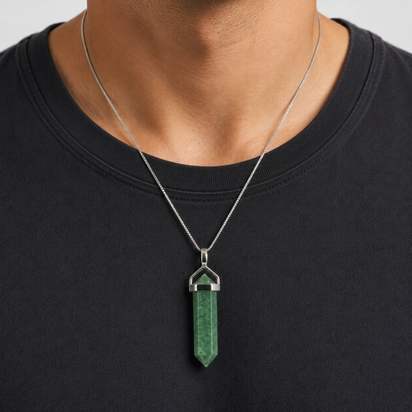 Natural Green Aventurine Gemstone & Sterling Silver Double Point Pendant Necklace. Pendant Length: 4.5cm. Chain Length: 50cm - Franki Baker Jewellery