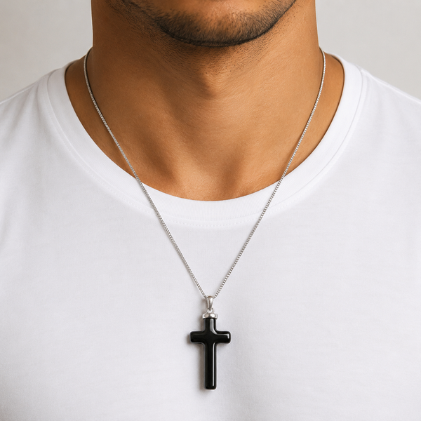 Black Agate and Silver Cross Pendant on Free Rubber Necklace - Franki Baker Jewellery