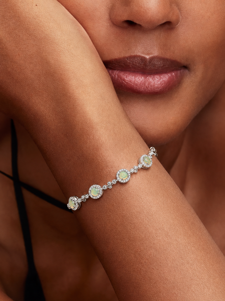 Dainty Natural Ethiopian Opal & Zircon Gemstone Sterling Silver Tennis Bracelet. Length: 16-19cm