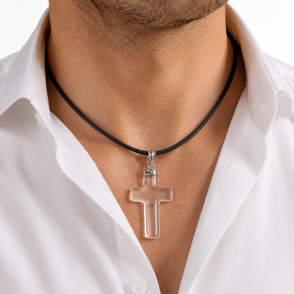 Rock Crystal and Silver Cross Pendant on Free Rubber Necklace