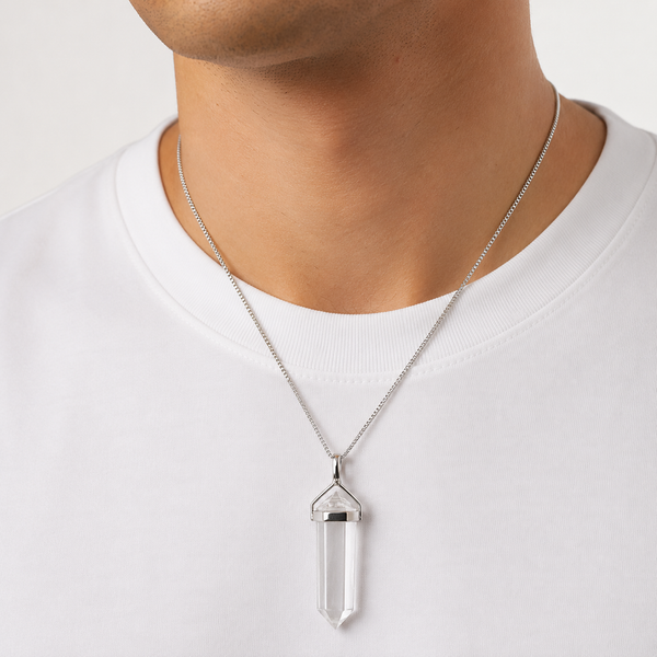 Natural Rock Crystal Gemstone Double Point Pendant Necklace on Sterling Silver