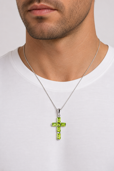 Peridot Gemstone and Sterling Silver Cross Pendant AA Grade Gemstone