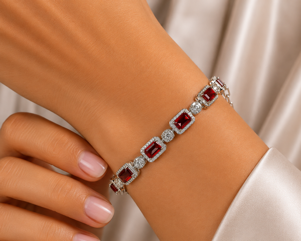 Natural Garnet & Zircon Gemstone Sterling Silver Tennis Bracelet. Length around wrist: 15-19 cm - Franki Baker Jewellery