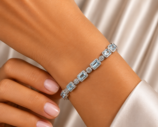 Dainty Natural Sky Blue Topaz & Zircon Gemstone Sterling Silver Tennis Bracelet. Length: 19cm - Franki Baker Jewellery