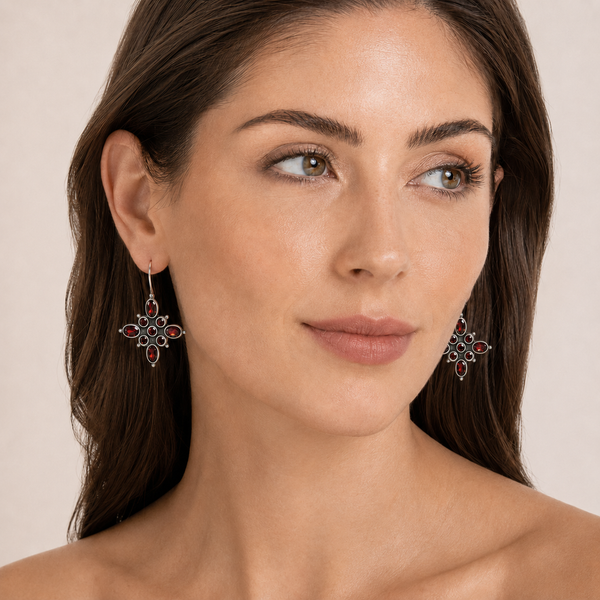 Natural Garnet Star Drop Earrings in Sterling Silver