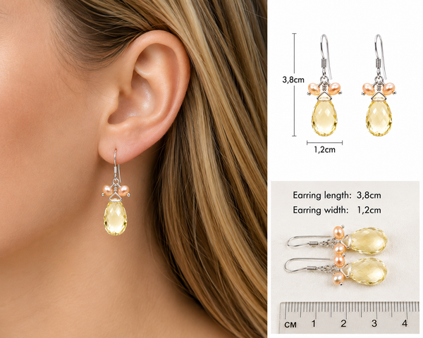 925 Sterling Silver Citrine & Freshwater Pearl Drop Earrings Handmade Gemstone Jewellery