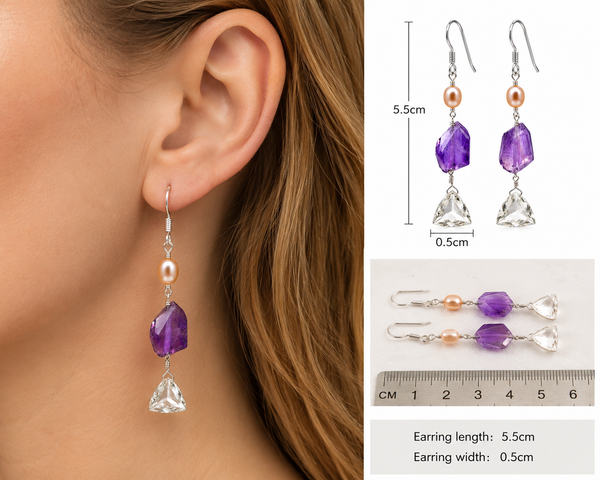 Natural Amethyst, Rock Crystal & Freshwater Pearl Drop Earrings 925 Sterling Silver Franki Baker