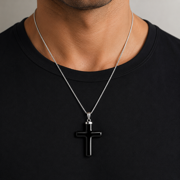 Carved Smooth Black Onyx Cross on Sterling Silver Chain - Franki Baker Jewellery