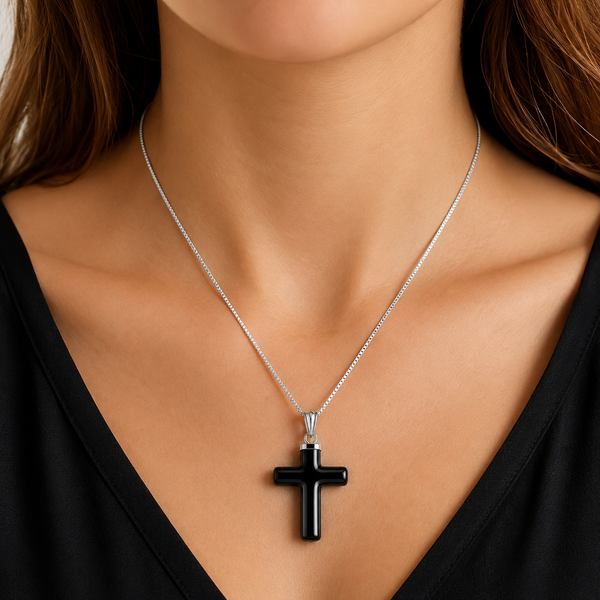 Carved Smooth Black Onyx Cross on Sterling Silver Chain - Franki Baker Jewellery