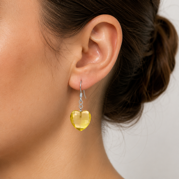 Lemon Yellow Heart Drop Earrings in 925 Sterling Silver