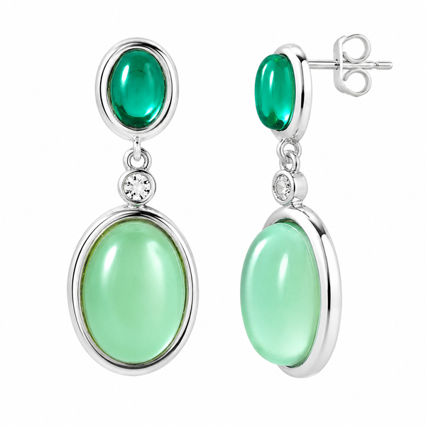 925 Sterling Silver Dangle Earrings with Green Chrysoprase Cabochons and Brilliant-Cut White CZ - Franki Baker Jewellery