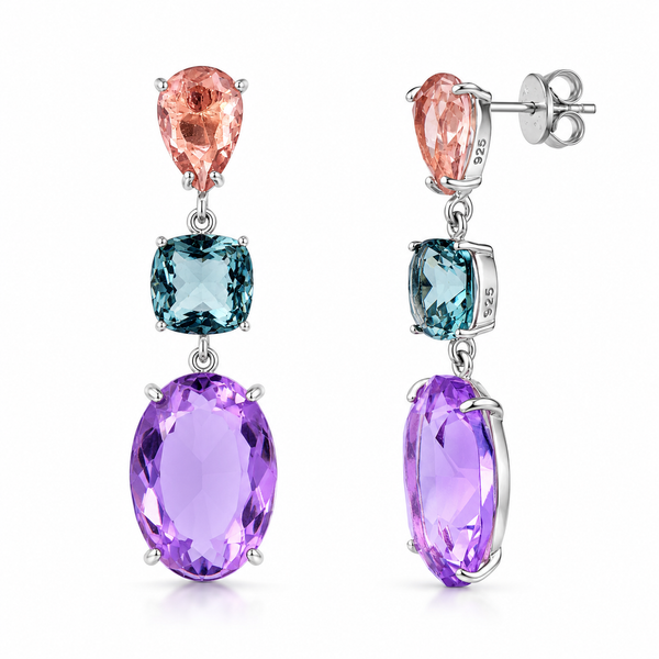 Triple-Drop Statement Earrings 925 Sterling Silver, Pink Amethyst Blue/Green Topaz Lavender Quartz, Art Deco Inspired - Franki Baker Jewellery