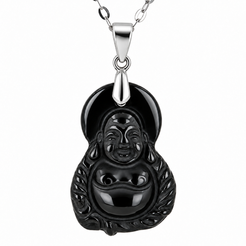 Lucky Hand-Carved Black Onyx Buddha Pendant with 925 Sterling Silver Chain