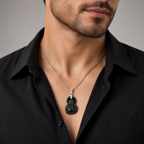 Lucky Hand-Carved Black Onyx Buddha Pendant with 925 Sterling Silver Chain