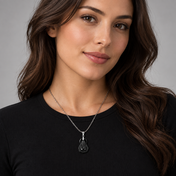 Lucky Hand-Carved Black Onyx Buddha Pendant with 925 Sterling Silver Chain