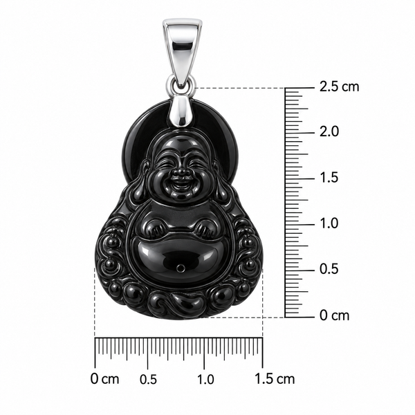 Lucky Hand-Carved Black Onyx Buddha Pendant with 925 Sterling Silver Chain