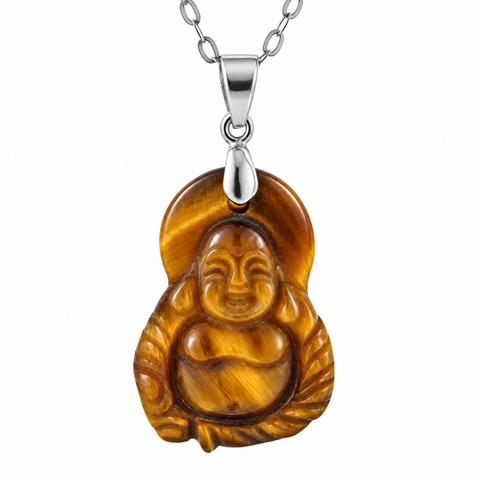 Lucky Hand-Carved Tiger's Eye Buddha Pendant with 925 Sterling Silver Chain