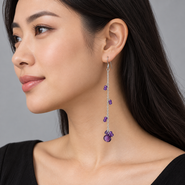 Long Amethyst Drop Earrings | Sterling Silver 9.5cm