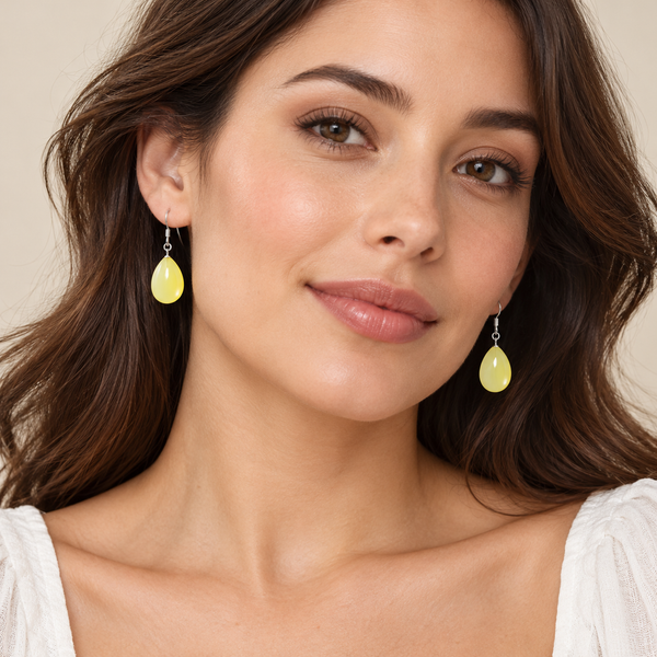 Sterling Silver Pear Drop AA Quality Natural Yellow Opal Gemstone Earrings Length: 3cm