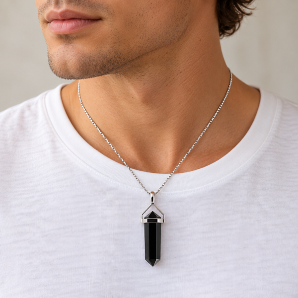 Double Point Long Black Agate Pendant on Sterling Silver Chain