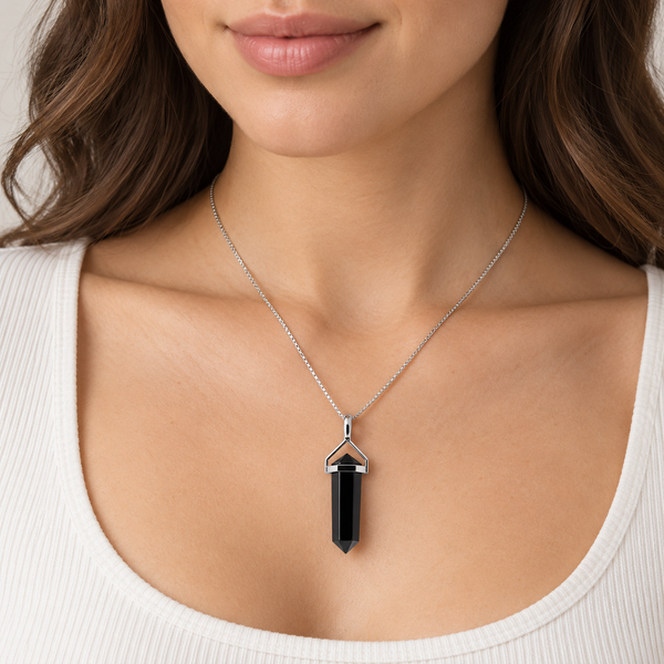Double Point Long Black Agate Pendant on Sterling Silver Chain