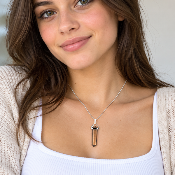 Natural Smoky Quartz & Sterling Silver Double Point Pendant Necklace