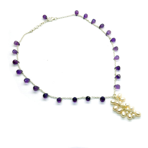 Natural Amethyst Gemstones and Pearls on Sterling Silver Necklace. Length: 45cms - Franki Baker Jewellery