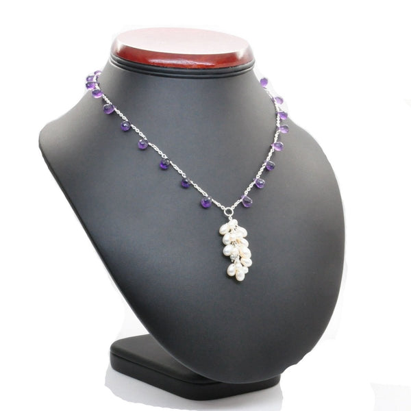 Natural Amethyst Gemstones and Pearls on Sterling Silver Necklace. Length: 45cms - Franki Baker Jewellery
