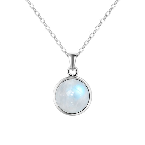 Dainty Iridescent Natural Round Rainbow Moonstone Gemstone Pendant Necklace on 925 Sterling Silver
