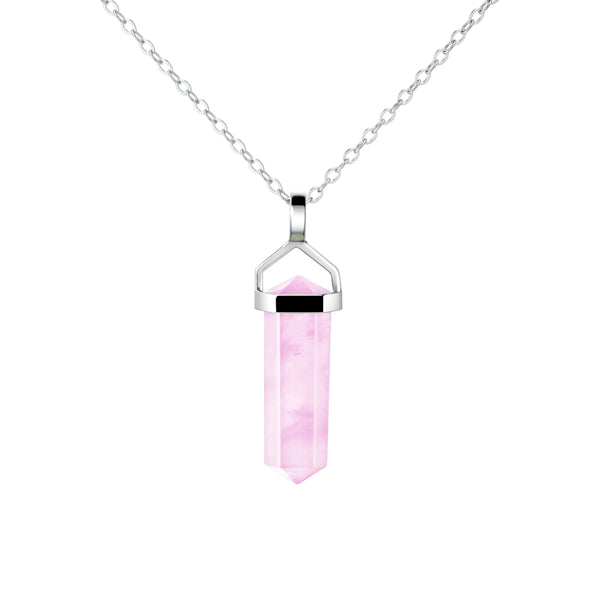 Pink Kunzite Gemstone Double Point Pendant Necklace on 925 Sterling Silver Box Chain. Chain Length: 50cm