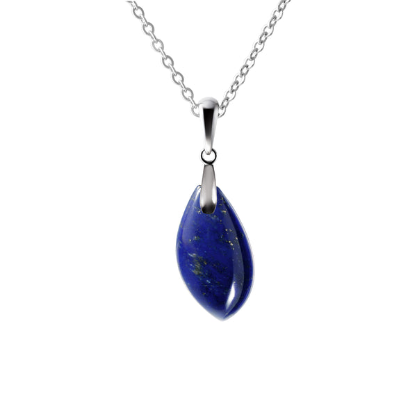 Natural Lapis Lazuli Leaf Shaped Gemstone & Sterling Silver Pendant Necklace. Length: 50cm