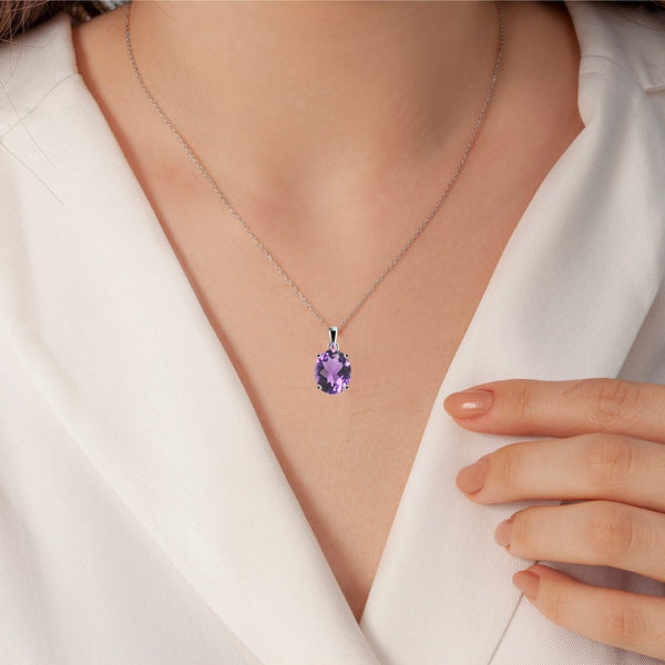 Natural Purple Amethyst Gemstone & Sterling Oval Pendant Necklace. Pendant Length: 2cm. Chain Length: 50cm - Franki Baker Jewellery