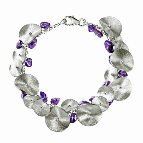Amethyst Beads and Brushed Sterling Silver Lily-Pad Bracelet - Franki Baker Jewellery