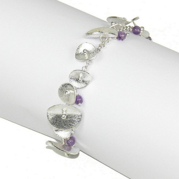 Amethyst Beads and Brushed Sterling Silver Lily-Pad Bracelet - Franki Baker Jewellery