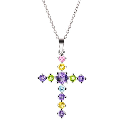 Amethyst Citrine Rose Quartz Peridot & Aquamarine Crystal Silver Cross Pendant - Franki Baker Jewellery