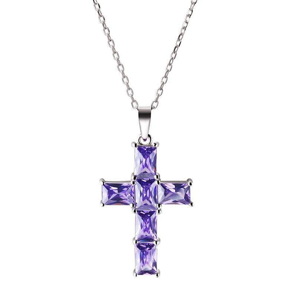 Amethyst Crystals on Sterling Silver Cross Pendant Necklace. 50cms + 5cm extension - Franki Baker Jewellery