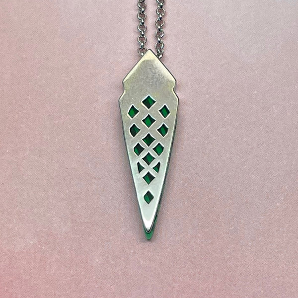 An Art Deco inspired created green Malachite gemstone pendant necklace & earring set.