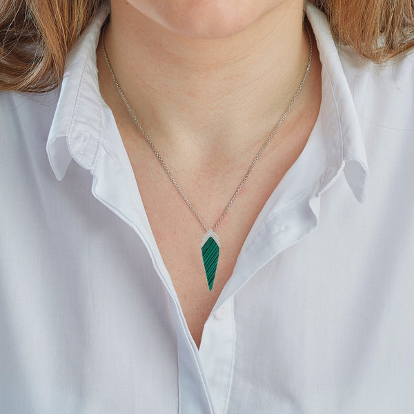 An Art Deco inspired created green Malachite gemstone pendant necklace & earring set.